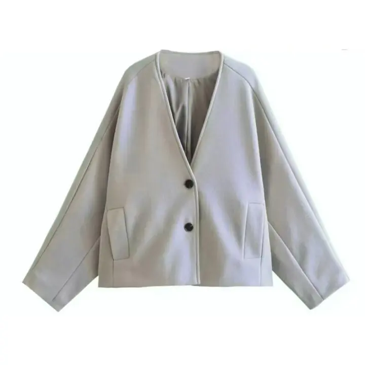 BUNO-Abrigo corto liso a la moda para mujer, abrigos elegantes con manga acampanada y un solo pecho con cuello en V para mujer, chaquetas de oficina para otoño 2025 - 1