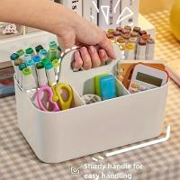 Cesta de almacenamiento de plástico de 5 compartimentos con asa, organizador de escritorio de oficina portátil para bolígrafos, lápices, papelería, colores mezclados - details 0