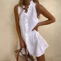 Nuevo vestido informal de lino y algodón blanco para mujer, verano con cuello en V y volantes sin mangas, minivestido bohemio elegante para fiesta en la playa, - details 0