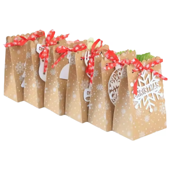 Bolsas de Regalo de Navidad de Papel Kraft 24pcs Ideal para Santa Claus, Llévate el Copo de Nieve, Bolsas de Dulces de Fiesta Navideña - 1