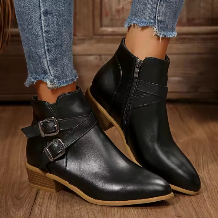 2025 otoño e invierno nuevo europeo y americano de gran tamaño cabeza puntiaguda tacón cuadrado cremallera lateral botas cortas de moda y cómodas mujeres 36-43 - 1