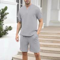 Conjunto de dos piezas para hombre, ropa informal con cremallera y cuello en V, camisetas de manga corta y pantalones cortos tr - details 3