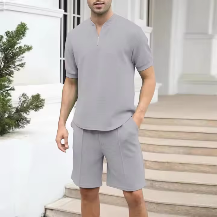 Conjunto de dos piezas para hombre, ropa informal con cremallera y cuello en V, camisetas de manga corta y pantalones cortos tr - 1