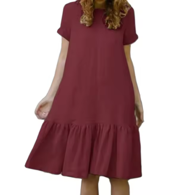 Vestido de temperamento con falda de lino y algodón con cuello redondo y manga corta holgada para mujer - 1