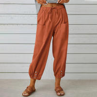 Pantalón holgado de lino y algodón con botones para mujer, pantalón ancho con nueve puntos, cintura alta, novedad - details 1