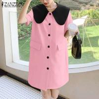 ZANZEA moda verano cuello de solapa vestido veraniego de manga corta Vestidos de oficina para mujer 2025 Casual Patchwork Vestidos de vacaciones bata Mujer - details 6