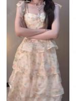Vestido de princesa fugitiva dulce Súper Hada de estilo francés, novedad de verano para mujer, vestido de pastel con tirantes florales y Nudo de mariposa - details 1