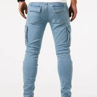 Jeans de Cargo de Denim Pantalones Casuales para Hombres de Cintura Media, Ajuste Delgado, Múltiples Bolsillos, Color Sólido - details 2
