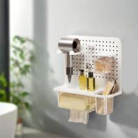 Estante de plástico para secador de pelo, sin perforaciones, gran capacidad, caja de pañuelos para lavar la cara, ahorro de espacio, soporte para pañuelos con llave montado en la pared, entrada - details 8