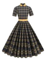 2025 nuevo Hepburn Peter Pan Collar Otoño Invierno Rockabilly mujeres Vintage vestido Casual elegante algodón a cuadros plisado vestidos largos - details 1