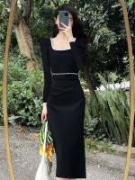 Vestido ajustado de estilo Hepburn, temperamento largo de gama alta de otoño para mujer con mangas y cuello cuadrado negro - details 3