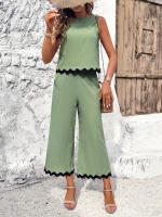 Conjuntos de verano sin mangas para mujer, trajes de 2 piezas, Tops con pantalones, Verde S - details 6