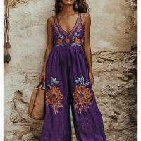 2025 Verano Nuevo, Mono De Pierna Ancha Con Tirantes Florales De Algodón Y Lino Con Estampado Retro Morado. - details 1