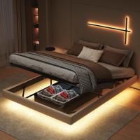 sin cabecero, cama doble con iluminación LED, estructura de cama con somier de láminas y marco de metal, marco de cama flotante, cama de almacenamiento con espacio de - details 7