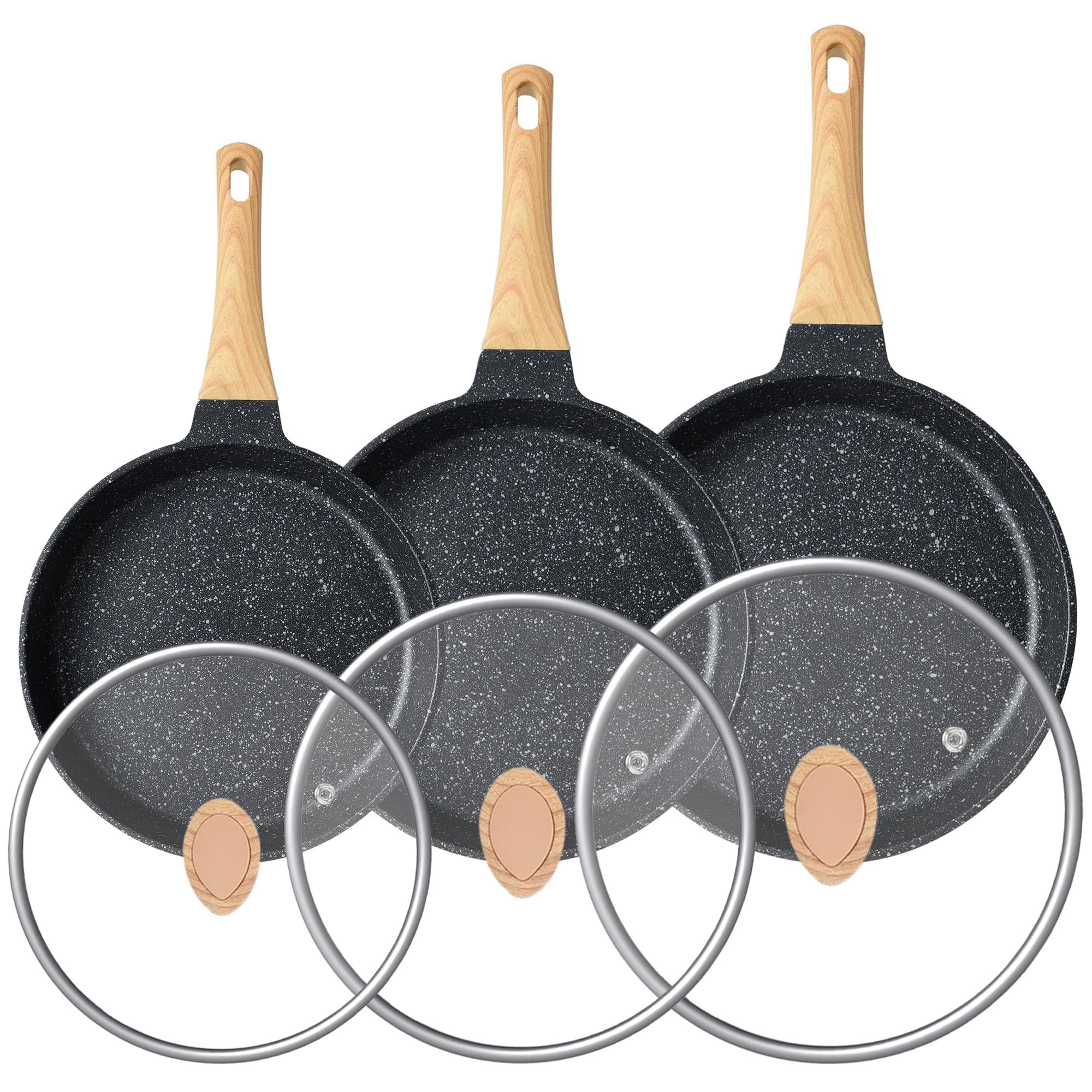 RIOVARM Antiadhésif Set de poêles à frire avec couvercles Induction Set de poêles avec poignée résistante à la chaleur Granit Poêle à omelette sans PFOA Marbre Batterie de cuisine 20cm 24cm 28cm