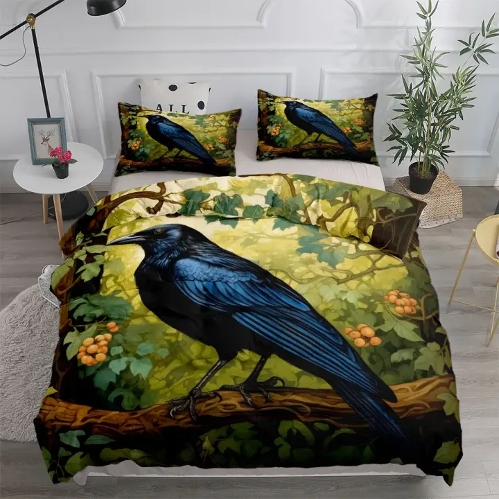 Juego de funda nórdica con diseño de cuervo gótico y jardín floral, juego de ropa de cama de tamaño individual, doble, King y Queen - 1