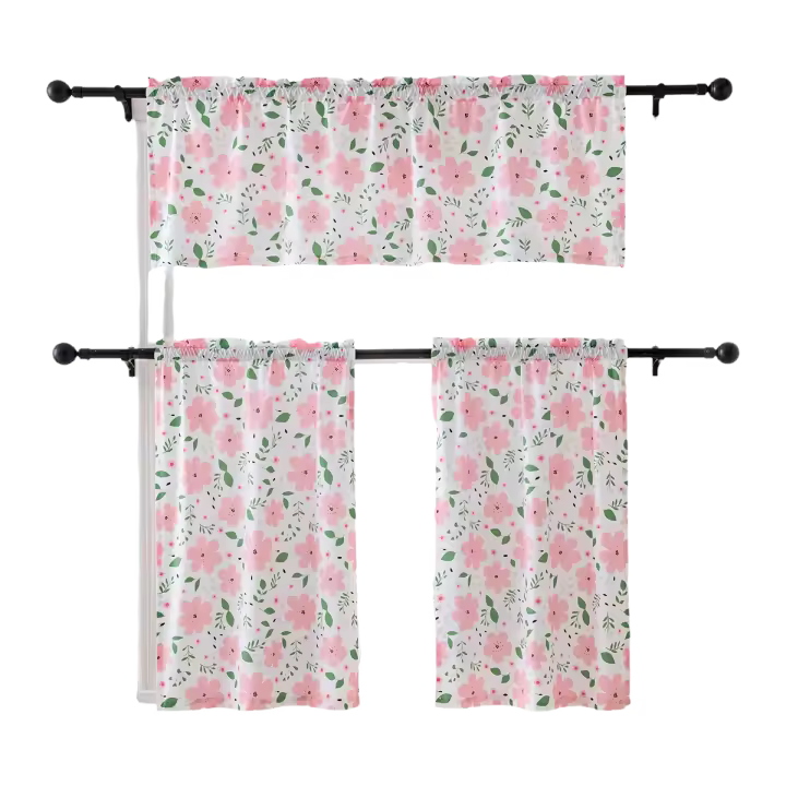 Cortinas De Cocina Pequeñas Con Serie De Flores 140*46CM (1 Pieza) 68*60CM (2 Piezas) 60*91CM (2 Piezas) Translúcidas Y De Poliéster 100% - 1