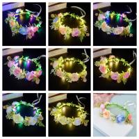 Diadema con corona de flores de rosas de imitación, diadema con corona luminosa brillante, Tiara de tela, guirnalda de luz LED, accesorios para fotos - details 1