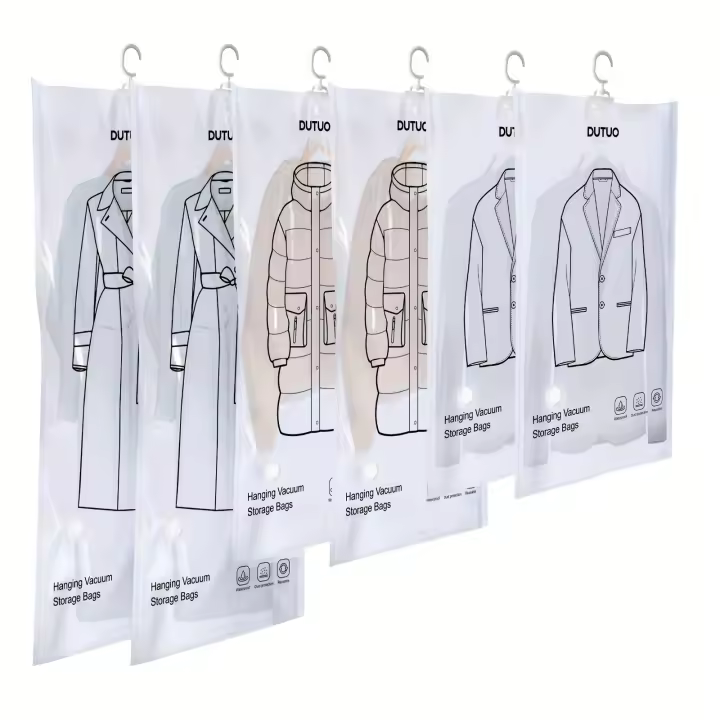 6 bolsas de almacenamiento al vacío para colgar, bolsas selladas al vacío para ahorrar espacio, bolsas de almacenamiento de tamaño largo extra gruesas, adecuadas para almacenamiento en armario, trajes, vestidos, bolsas de almacenamiento al vacío para colg - 1