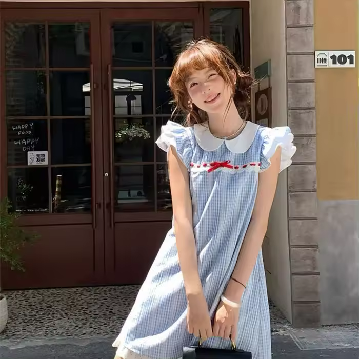 Vestido de Princesa para Niña Verano 2025 Cuello de Encaje a Cuadros Francés Manga Volante Lazo - 1