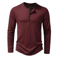 Camisa de cuello Henley de algodón para hombre, camisetas de moda de color sólido con botones informales de manga larga - details 7