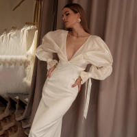 Vestido francés elegante de moda, puro deseo, de satén perlado con encaje, mangas abullonadas, entallado y con cuello en V profundo para mujer. - details 3