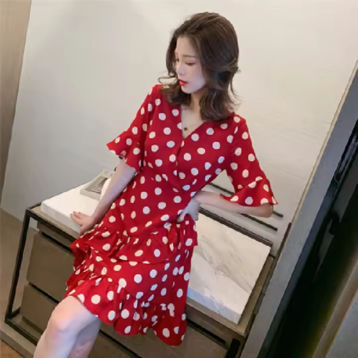 Vestido alto, medio y largo de gasa de lunares con escote en V cruzado vestido irregular - 1