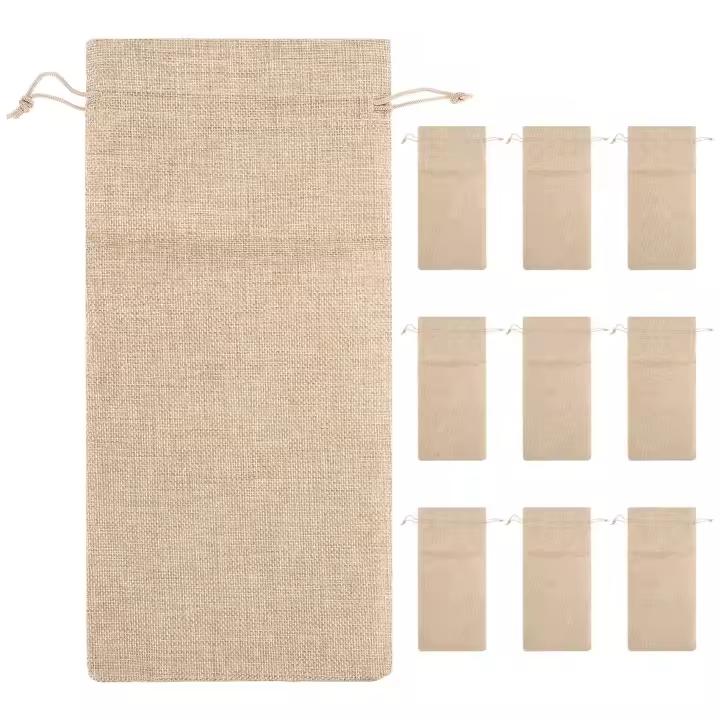 Bolsas de yute para botellas de vino, 10 piezas, 14x6, 1/4 pulgadas, regalo con cordón - 1