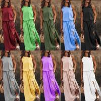 Vestido largo de verano 2025 para mujer, cuello redondo, sin mangas, con abertura, multicolor, color sólido. - details 1