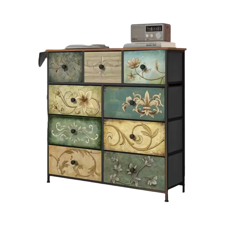 Mueble de Almacenamiento Cómodo con 9 Cajones Diseño Industrial de Metal con Superficie de Madera y Cajones de Tela para Sala de Estar, Habitación Infantil, Pasillo Estilo Rústico - 1