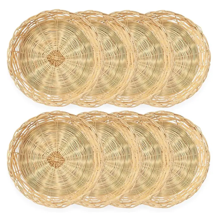 Paquete de 8 soportes para platos de papel de bambú, 10 pulgadas, reutilizables para platos de cena, cestas de papel de mimbre tejidas a mano - 1