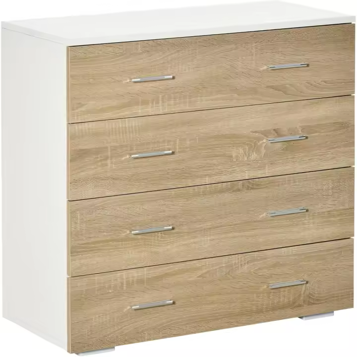 Cómoda con 4 Cajones Cajonera Auxiliar de Almacenaje Moderna para Dormitorio Pasillo Sala de Estar 76x35x72 cm Acabado en Color Roble y Blanco - 1