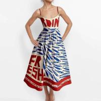 Verano Boho mujer moda pescado y camarón estampado cuello en U cintura plisada con tirantes grandes vestido Maxi Vestidos - details 1