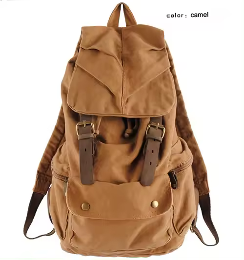 Los hombres y las mujeres militares de senderismo mochila de lona, ​​mochila escolar de cuero con cordón, estilo retro, tendencia de moda - 1