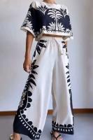 Conjunto Casual de Manga Corta con Estampado de Plantas Top Corto de Primavera-Verano - details 1