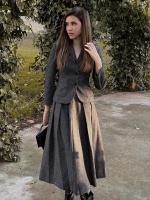 Blazer de lana sintética texturizada para mujer, traje con solapa, chaqueta ajustada con una hilera de botones, falda tipo capa plisada de cintura alta, conjunto elegante de invierno - details 11