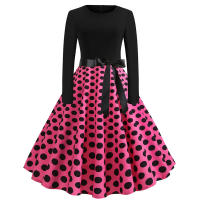 Women dot print party elegant vintage swing long sleeve dress - details 17