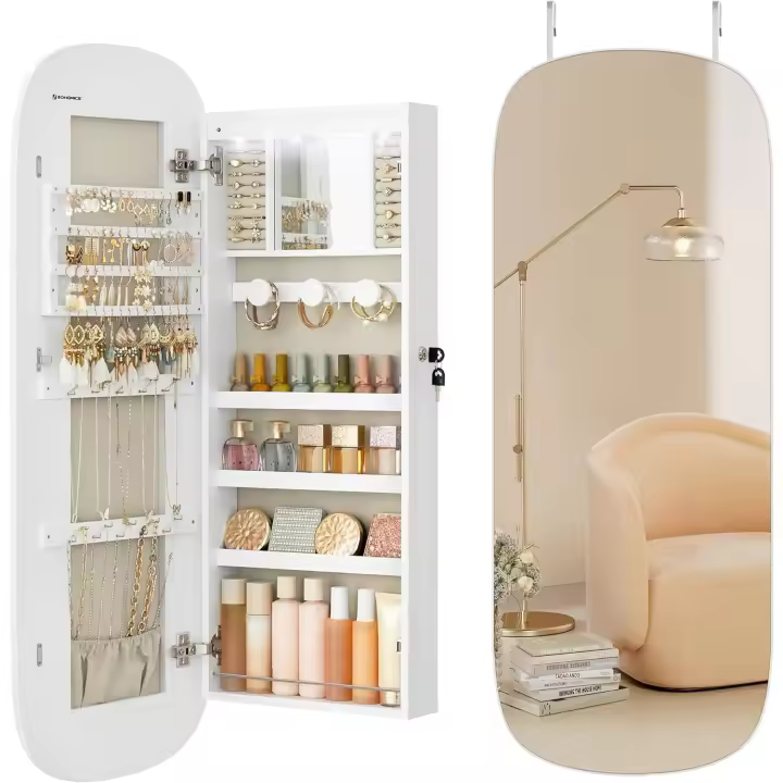 Armario para Joyas, Espejo Joyero de Pared, Organizador con Luz LED y Cerradura, Varios Compartimentos, para Pendiente, Collar, Superficie Blanca y Forro Gris Beige JJC026W01 - 1