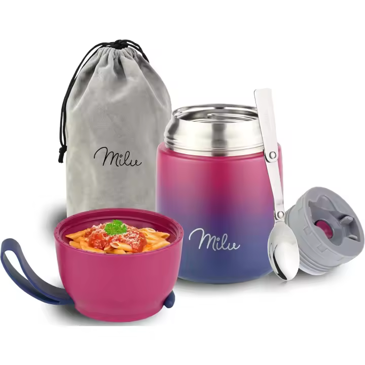 Milu Termo para Comida 300ml, 440ml, 450ml, 650ml, 800ml Taza Aislada, Botella de Acero Inoxidable Aislada para Alimentos, Beber y sopa de niños y adultos Termo a prueba de fugas (650ml/Gris) - 1