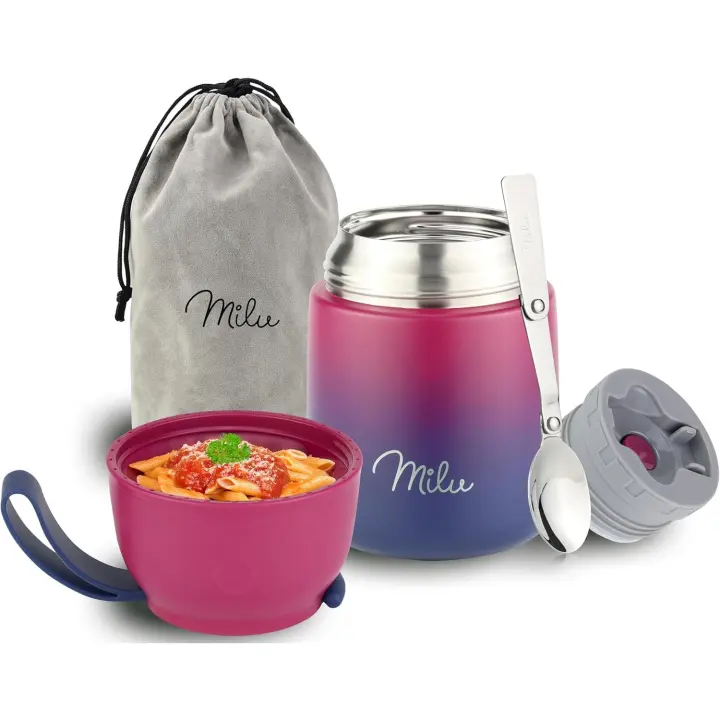 Milu Termo para Comida 300ml, 440ml, 450ml, 650ml, 800ml Taza Aislada, Botella de Acero Inoxidable Aislada para Alimentos, Beber y sopa de niños y adultos Termo a prueba de fugas (650ml/Gris) - 1