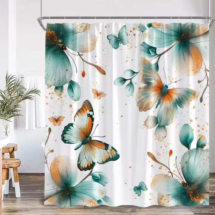 Cortina de ducha Floral de mariposa, planta de flores, mariposas rosas, moradas y verde azulado, decoración de baño, cortina de baño de poliéster moderna y elegante - 1