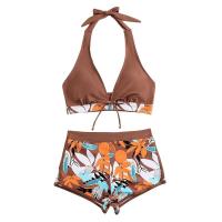Bikini abierto con estampado de hojas retro en talla grande, conjunto de traje de baño de dos piezas con correas estables para mujer - details 103