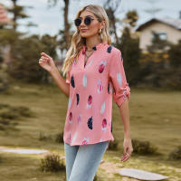 Camisa con estampado de plumas de tres cuartos y manga e para mujer, cuello en V, otoño, nueva - details 3