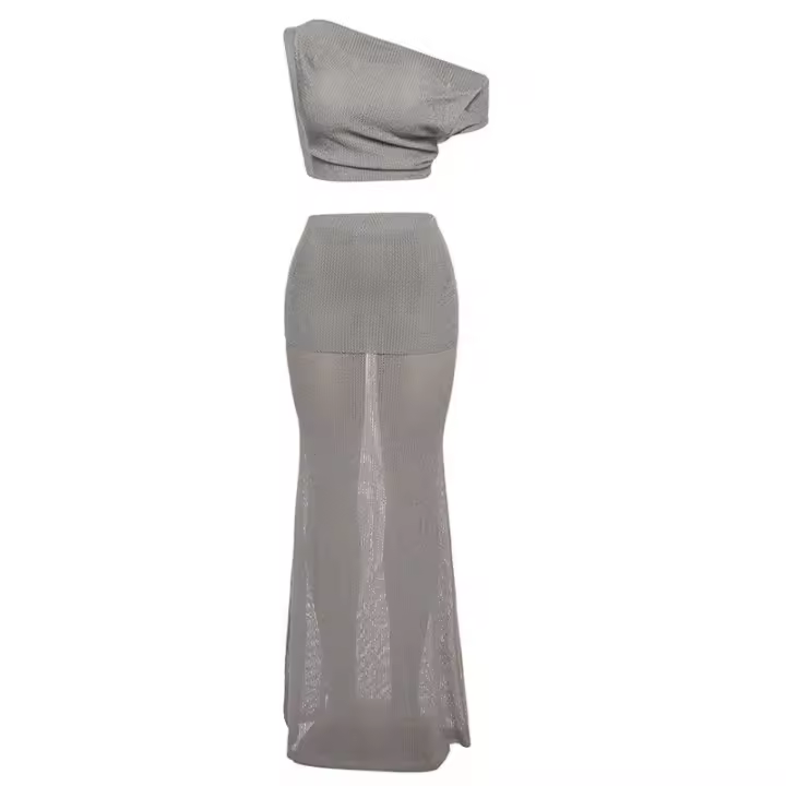 BUNO-Conjunto de 2 piezas de punto para vacaciones para mujer, camisetas sin mangas cortas con cuello oblicuo y faldas largas de cintura alta, trajes a juego de tendencia femenina - 1