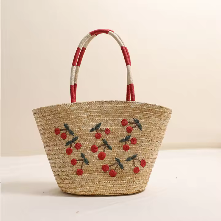 Bolso de paja de hombro de cereza bordado de nicho, bolso de playa de vacaciones junto al mar - 1