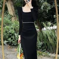 Vestido ajustado de estilo Hepburn, temperamento largo de gama alta de otoño para mujer con mangas y cuello cuadrado negro - details 5