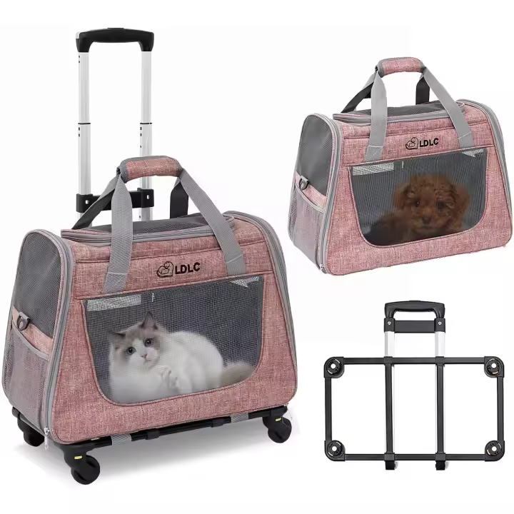 PETCUTE Transportín Plegable para Mascotas,Transportín para Perros Pequeños con Ruedas, Transportín para Gatos con Colchón Suave y Hebilla de Seguridad,Viajar en Tren/Automóvil/Restaurante/Avión,Gris claro - 1