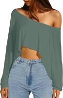 BUNO-Tops informales de punto liso con hombros descubiertos, camisetas de otoño de manga larga con cuello oblicuo conciso para mujer, camisetas deportivas irregulares - details 15