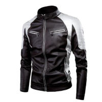 Chaqueta de PU con cuello levantado para moto, abrigo casual Slim, Color lock, - details 4