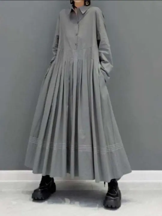 Primavera/Verano para cuello sólido manga Panel plisado vestidos largos vestido femenino ropa de mujer bata de calle - 1